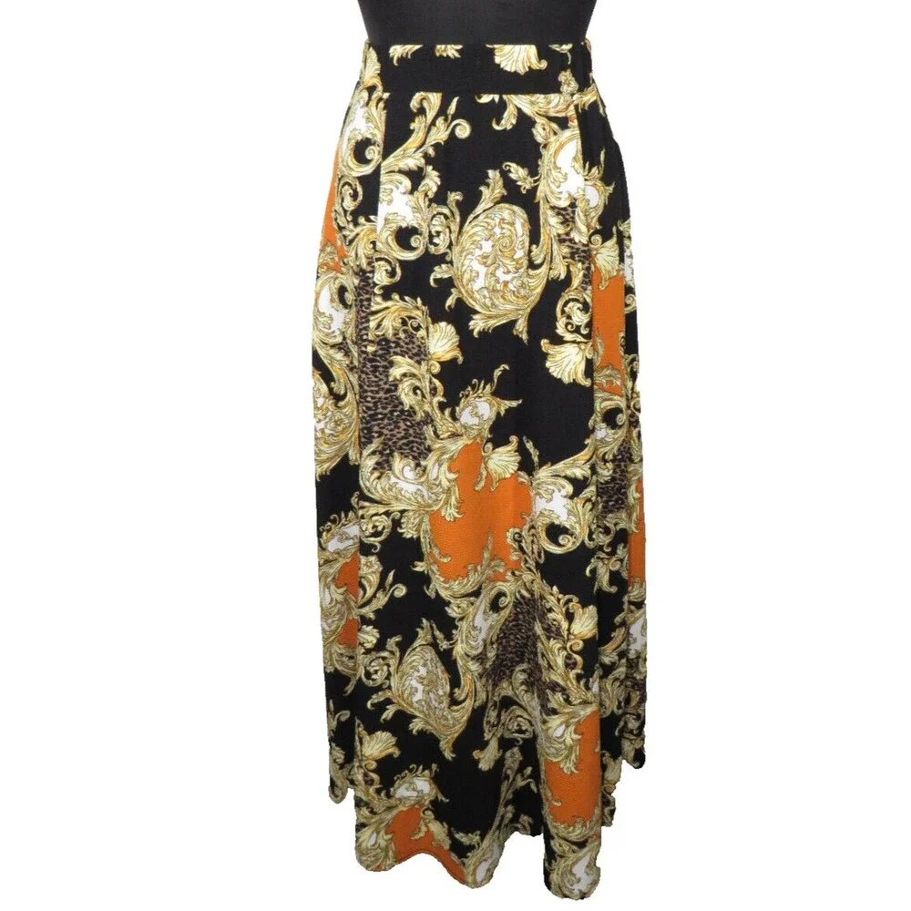 Impulsive Black Multi Leopard Scroll Print Textured Floor Length Maxi Skirt 1X